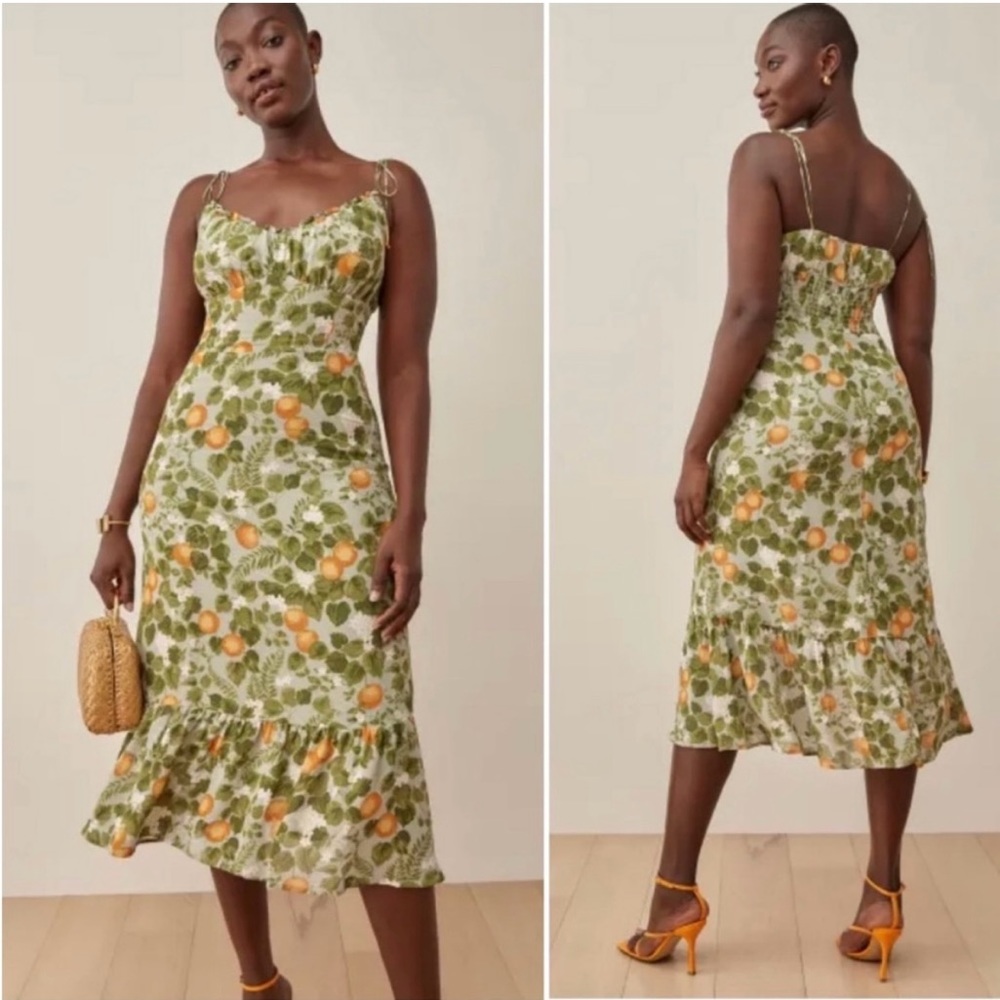 Reformation Embry Orange Grove Print Tie Strap Midi Dress